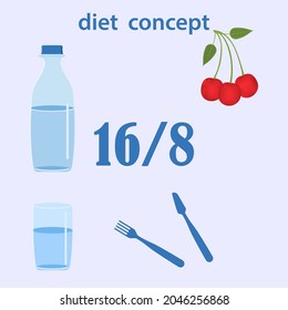 Diet concept -16 to 8 - bottle and glass with water, knife, fork - vector. Intermittent fasting.