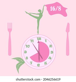 Diet concept -16 to 8 - fasting, gymnast, clock, fork, knife - vector. Intermittent fasting