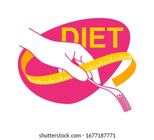 Diet concept (for banner, logo or icon) - outline drawn human hand holding fork twined by measuring tape - isolated vector illustration
