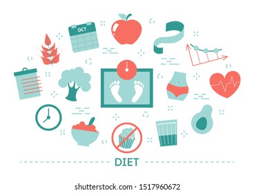 Diet concept. Idea of healthy nutrition and meal portion. Body and measuring tape. Set of colorful icons. Isolated flat illustration