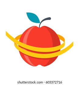 Diet concept, measuring metre round a red apple, vector illustration in flat design