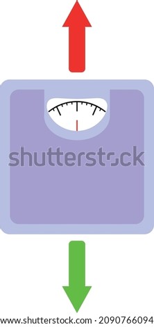 Diet concept vector illustration. Bathroom foot scales with arrows representing weight gain or weight loss. 