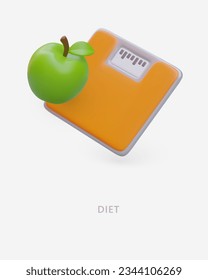 Diet concept. Vegetarian menu, raw food. Banner in cartoon style. Time to lose weight. Daily weighing. Counting calories, keeping balance. Place for text