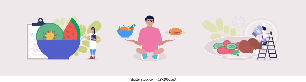 Diet, cooking, food selection concept. Calorie control. Health food. Colorful flat vector illustration
