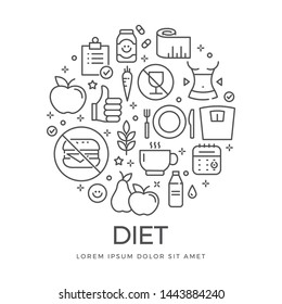 Diet Design Template. Vector Background with Thin Line Icons for mobile app