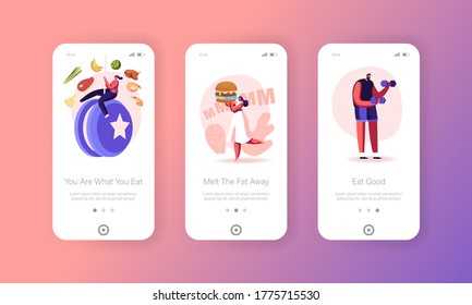 Diet Disruption Mobile App Page Onboard Screen Template. Tiny Girl Carry Huge Burger, Yo-Yo Effect, Sport Workout. Characters Eating Fast Food, No Diet Concept. Cartoon People Vector Illustration