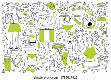 Diet doodle set. Collection of hand drawn sketches templates of people dieting eating natural food smoothie cocktail cereals vegetables fruits for loosing weight. Healthy lifestyle illustration.