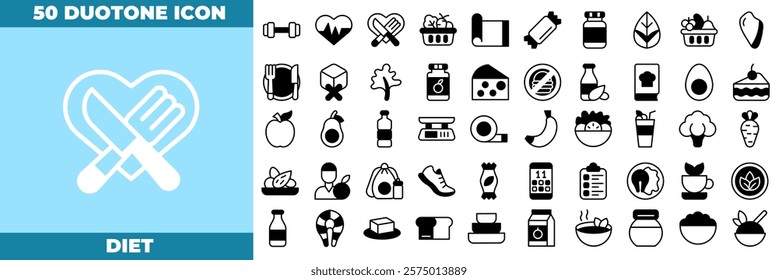 Diet Duotone Editable Icons set. Vector illustration in modern thin duotone style of diet icons: healthy food, fat, protein, vegetables, fruit, etc