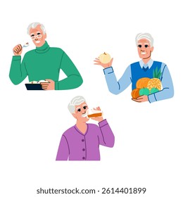 diet elderly man nutrition vector. vitamins minerals, hydration protein, calcium iron diet elderly man nutrition character. people flat cartoon illustration
