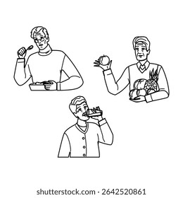 dieta homem idoso vetor de nutrição. vitaminas minerais, proteína de hidratação, ferro de cálcio dieta homem idoso nutrição caráter. pessoas linha preta lápis desenho ilustração