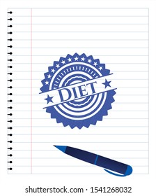 Diet emblem with pen effect. Blue ink. Vector Illustration. Detailed.