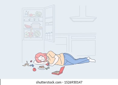 Diet end, cheat meal day concept. Woman eating tasty nutritious food lying on floor near open fridge, young girl enjoying candies, cake piece, sweet fruits. Simple flat vector