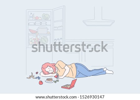 Diet end, cheat meal day concept. Woman eating tasty nutritious food lying on floor near open fridge, young girl enjoying candies, cake piece, sweet fruits. Simple flat vector