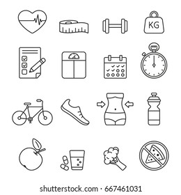 Diet and exercise icons: thin monochrome icon set, black and white kit