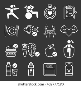 Diet and exercise icons. Vector illustrations.