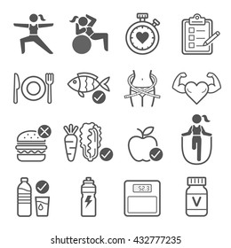 Diet And Exercise Icons. Vector Illustrations.