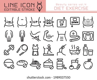 Diet exercise vector icon set. Editable line stroke.