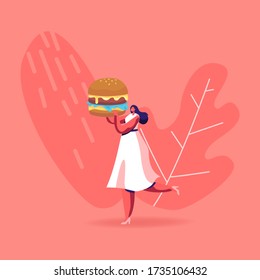 Diet Failure, Disruption Concept. Tiny Female Character Carry Huge Burger. Woman Eating Fast Food Enjoying Outdoor Street Party, City Fest, Fastfood Festival, No Diet. Cartoon Vector Illustration