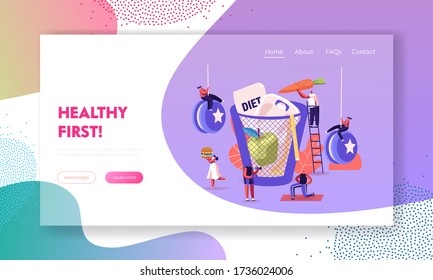 Diet Failure Landing Page Template. Characters Enjoying Unhealthy Junk Food. People Refuse Healthy Lifestyle Meals Prefer Eating Fat Food and Throw Healthy Meal to Basket. Cartoon Vector Illustration