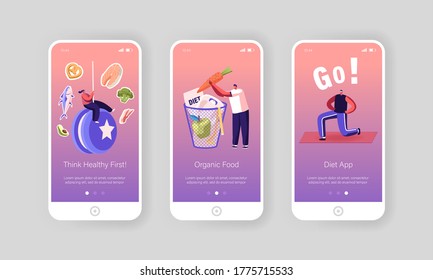 Diet Failure Mobile App Page Onboard Screen Template. Tiny People Characters Refuse Healthy Lifestyle Meals Prefer Eating Fat Food and Throw Healthy Meal to Basket Concept. Cartoon Vector Illustration