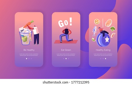 Diet Failure Mobile App Page Onboard Screen Template. Tiny People Characters Throw Healthy Food to Huge Basket. People Unhealthy Eating, Yo-Yo Effect, Disruption Concept. Cartoon Vector Illustration