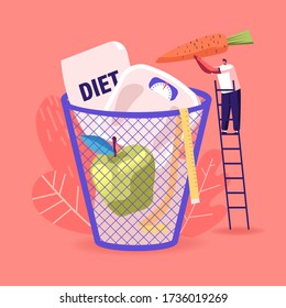 Diet Failure. Tiny Male Character Throw Carrot, Weights and Apple to Huge Basket. Fast Food International Day, Holiday of Unhealthy Eating, People Healthy Life Disruption. Cartoon Vector Illustration