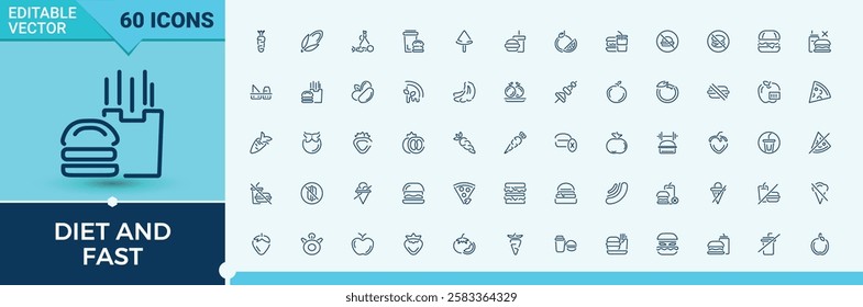 Diet And Fast linear icon collection. Related to kcal, calories, smoothie, protein, detox, body, low, nutrition. Perfect for logos and infographics. Editable vector stroke.