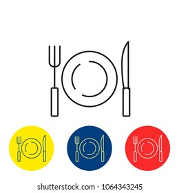 Diet fit outline icons. Plate with fork and knife flat icons in colorful circles vector illustration. Dieting and nutrition plan weight loss and slimming concept. Isolated on white background