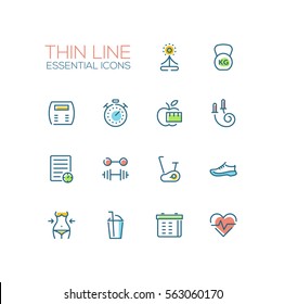 Diet and fitness - modern vector plain simple thin line design icons and pictograms set with accent color. Yoga, weight, apple, stopwatch, skip rope, training shoes. Material design concept symbols