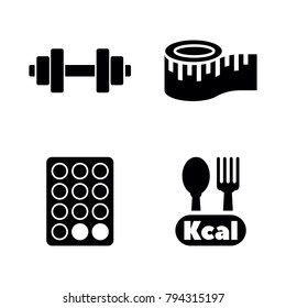 Diet and Fitness. Simple Related Vector Icons Set for Video, Mobile Apps, Web Sites, Print Projects and Your Design. Black Flat Illustration on White Background.