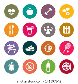 Diet and fitness theme icons set