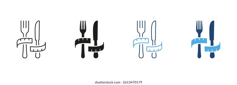 Diet And Fitness For Weight Loss. Fork And Knife Wrapped With Measuring Tape Line and Silhouette Icon Set. Healthy Food, Weight Management And Nutrition. Isolated Vector Illustration.