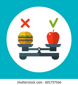 Diet food balance, healthy vector concept with apple and hamburger on scales