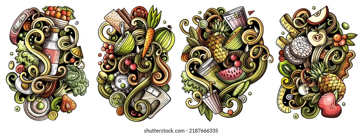 Diet food cartoon vector doodle designs set. Colorful detailed compositions with lot of dietary objects and symbols. Isolated on white illustrations