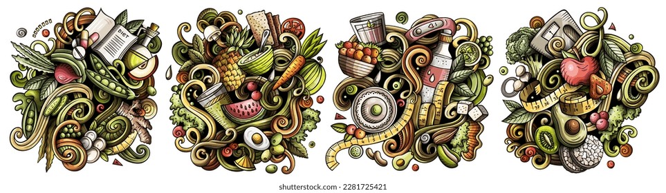 Diet food cartoon vector doodle designs set. Colorful detailed compositions with lot of dietary objects and symbols. Isolated on white illustrations