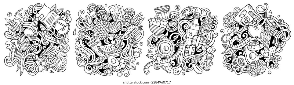 Diet food cartoon vector doodle designs set. Sketchy detailed compositions with lot of dietary objects and symbols.