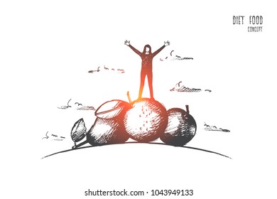 Diet food concept. Hand drawn woman standing on pile of fruits and vegetables. Diet nutrition products isolated vector illustration.