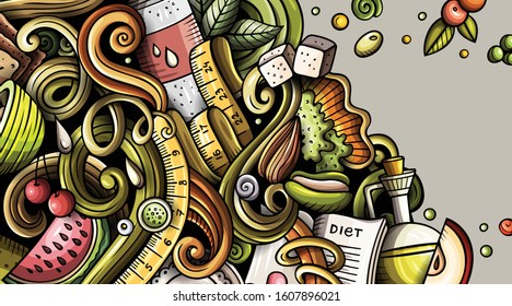 Diet food hand drawn doodle banner. Cartoon detailed flyer. Dietic identity with objects and symbols. Color vector design elements background