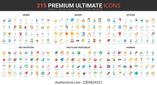 Diet food and nutrition, farming color flat icons set vector illustration. Abstract symbols of farm organic fruit and vegetables, baking and drinks, kitchen tools simple design for mobile and web apps