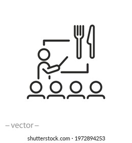 diet food workshop icon, instructor vegan nutrition, training health eat, menu layout, superfood concept, thin line symbol on white background - editable stroke vector eps10