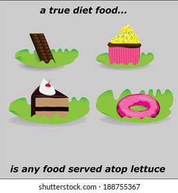 Diet Foods Array on Lettuce Leaf/Chocolate bar, cupcake, chocolate cake & donut set atop lettuce leaves with text: a true diet food is any food served atop lettuce