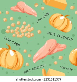 Diet friendly and low carb products and ingredient for breakfast and dinner. Chicken breast and pumpkin, cheese and chickpea. Seamless pattern or print, wallpaper background. Vector in flat style