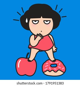 Diet Girl Hesitated To Choose Between Apple Or Donut Concept Card Character illustration