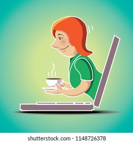 Diet Girl Keep Getting Interrupted From Her Work By Hand Holding Food Coming Out Of A Laptop. Concept Of Annoying Food Online Advertising Card Character illustration