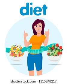 diet, girl ,with lat , ribbon, vector illustration isolated on white background, cartoon style