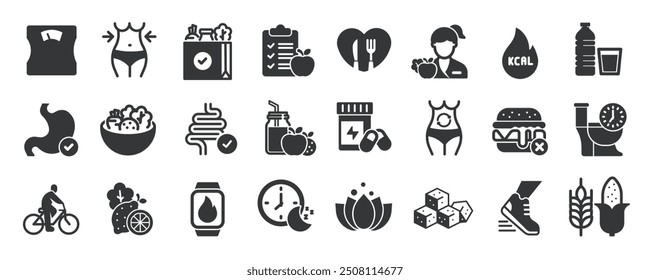 Colección de iconos sólidos de glifo de dieta. Contiene sano, nutritivo, vegano, ejercicio. Icono mínimo y Ilustración vectorial de la serie de símbolos