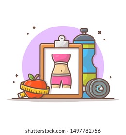 Diet and Gym Target Vector Icon Illustration. Diet Board and Dumbbell, Apple, Water. Fitness and Gym Icon Concept White Isolated. Flat Cartoon Style Suitable for Web Landing Page, Banner, Sticker
