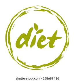 Diet hand drawn round label isolated vector illustration. Healthy nutrition and lifestyle vegan symbol. Natural diet hand sketch badge, icon, logo. Eco friendly concept, brushpen calligraphy