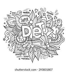 Diet hand lettering and doodles elements and symbols background. Vector hand drawn sketchy illustration