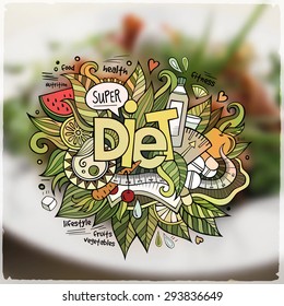 Diet hand lettering and doodles elements and symbols emblem. Vector blurred background